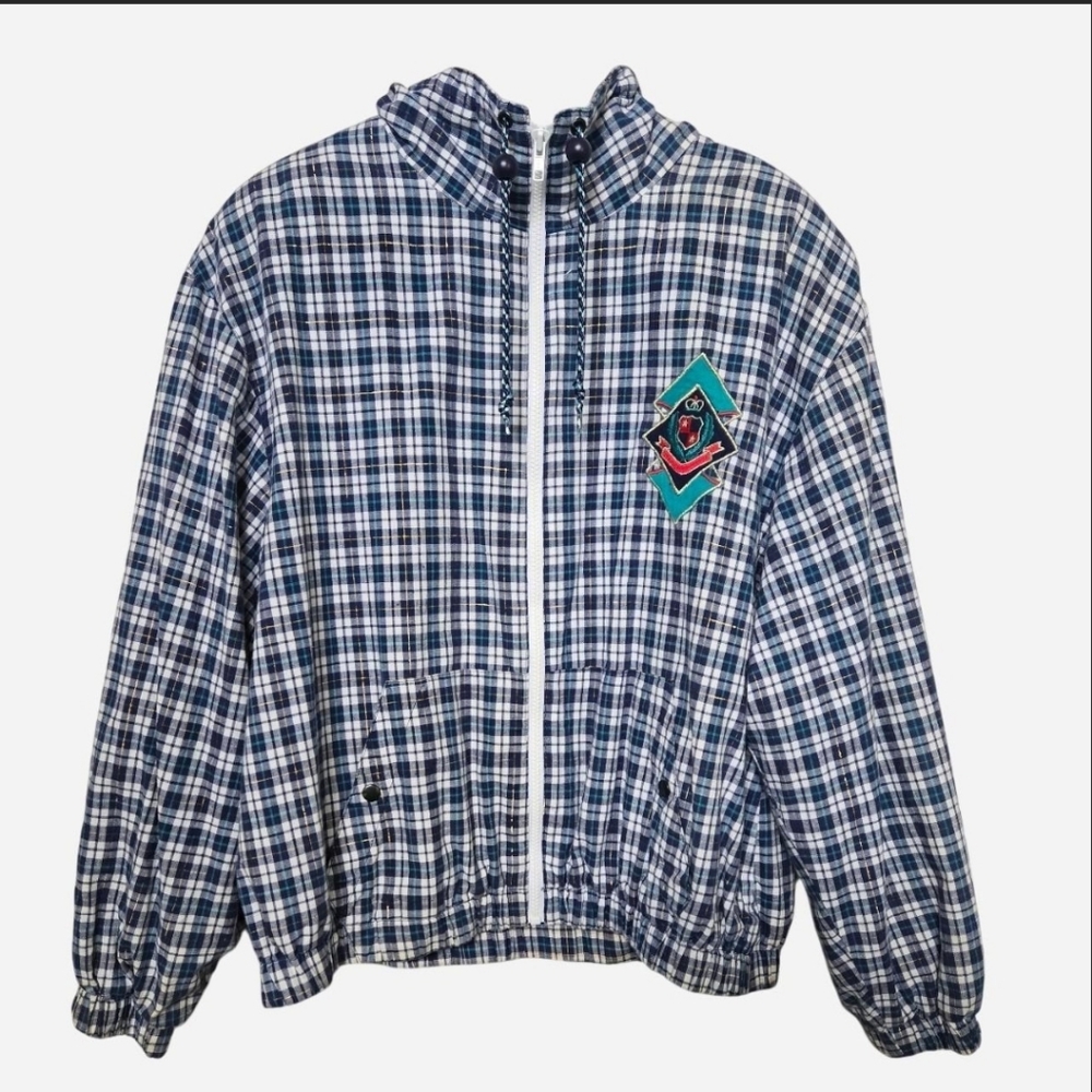 90s Gym Blue Plaid Zip Windbreaker With Embroidered Logo size large